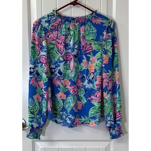 Lilly Pulitzer Summer lightweight Blouse Blue‎ Pink Floral Size XXS
